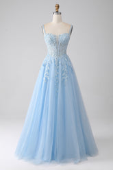 A-Linie Hellblaues Korsett Ballkleid mit Applikationen